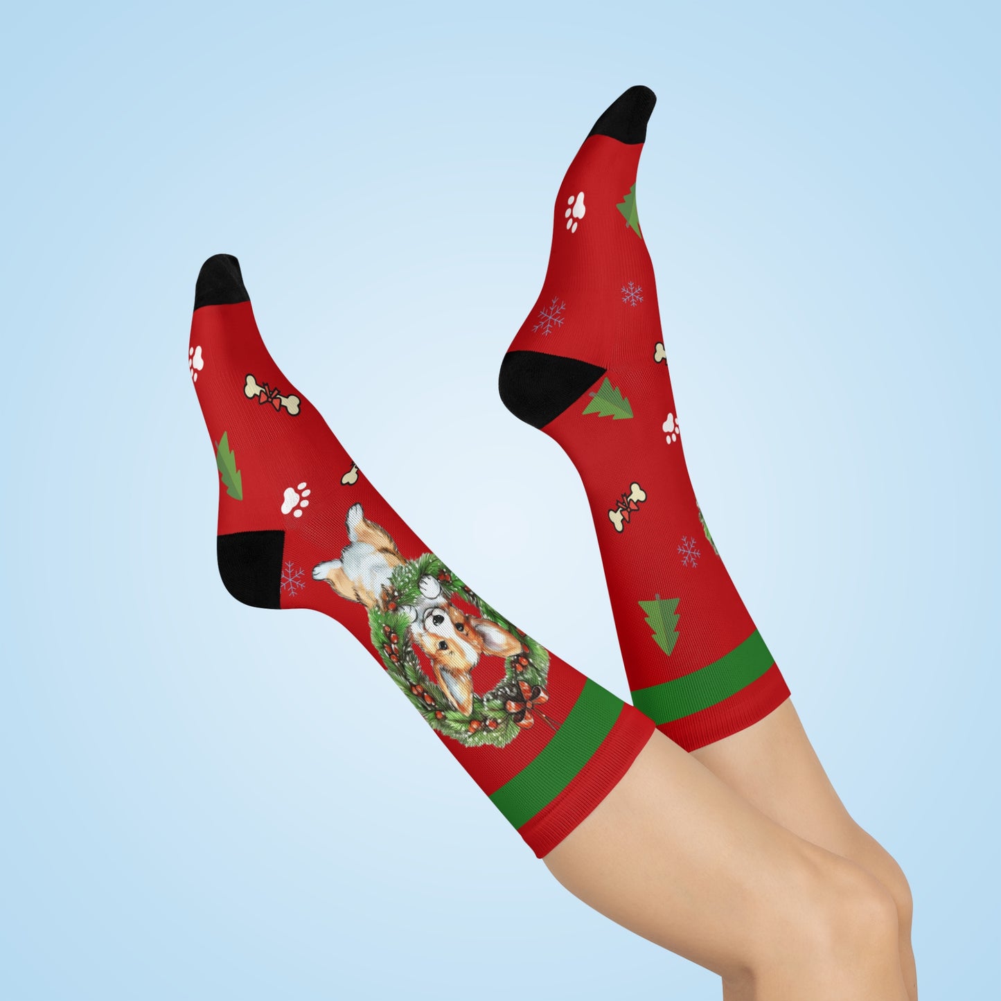 Adorable Corgi With Wreath Christmas Crew Socks