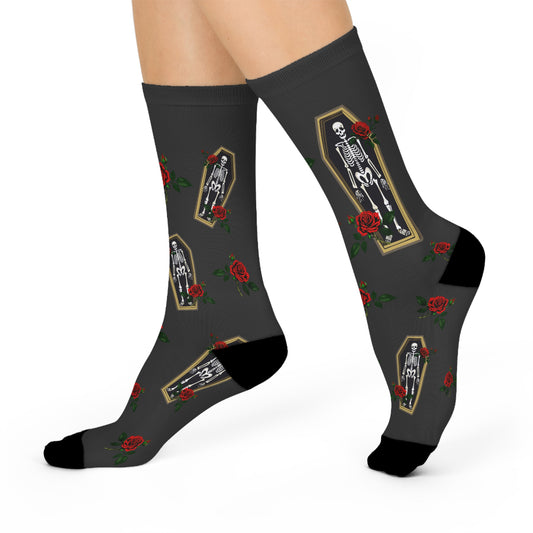 Skeleton in Coffin and Roses Crew Socks